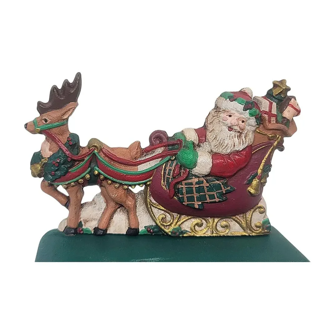 Vtg Heavy Midwest Santa Sleigh Reindeer Double Hook Cast Iron Stocking Hanger